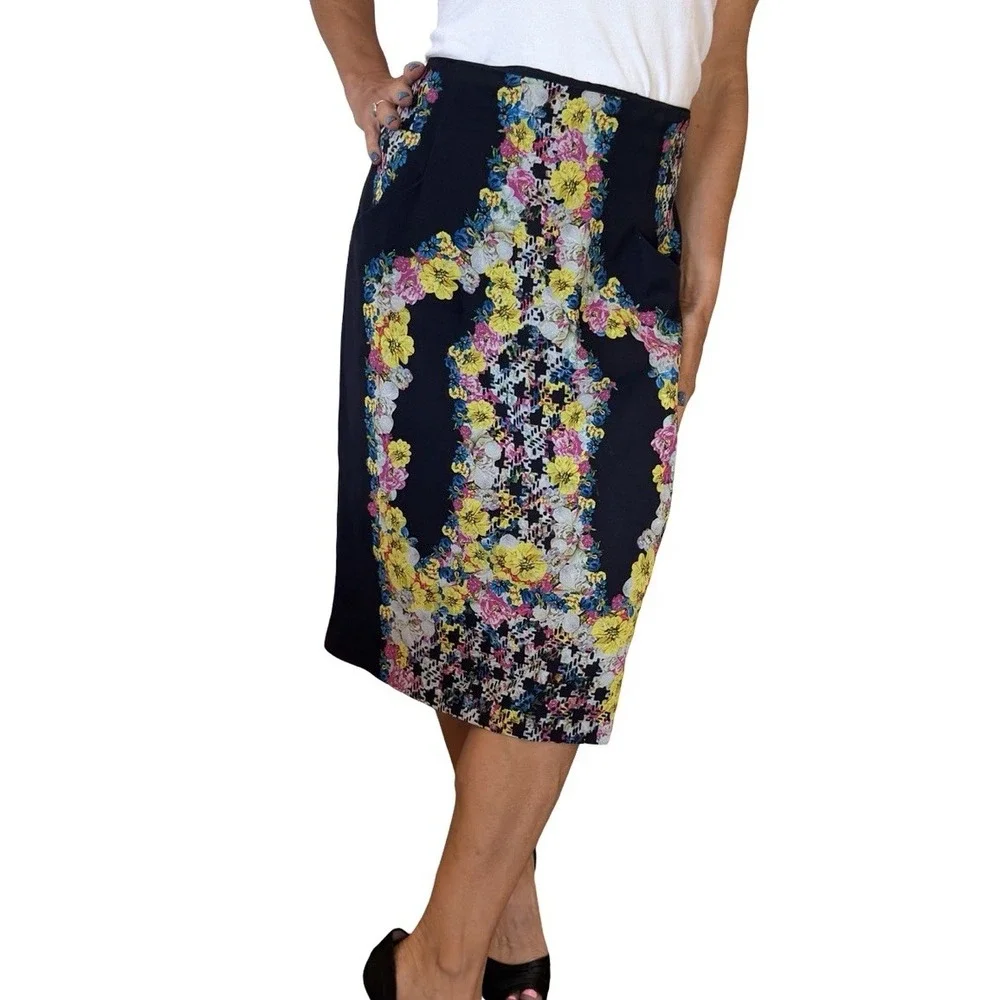 Erdem Skirt Women's 12 Pencil Silk Black Floral Digital Whimsical Dark Romance